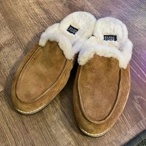 Eileen Fisher Womens 7.5 Slipper Pecan Frost Suede Mule Sheepskin Lined Slip On